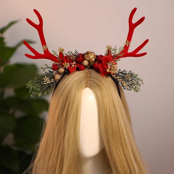 Women's Handmade Red Antler Christmas Headband - Picture 2 of 6